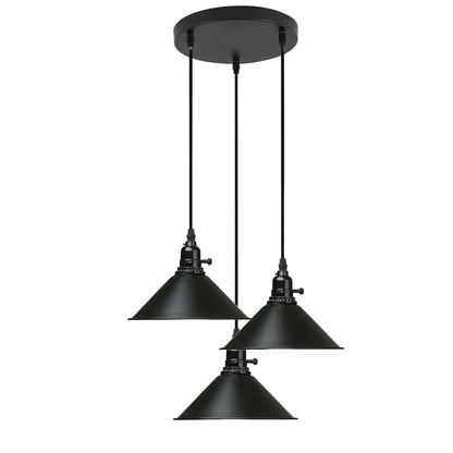 3-Light Kitchen Island Pendant – Round Plate or Bar, Cone, Cage or Bare Bulb - Black, Flat Cone Black, Round Plate, Without Bulb