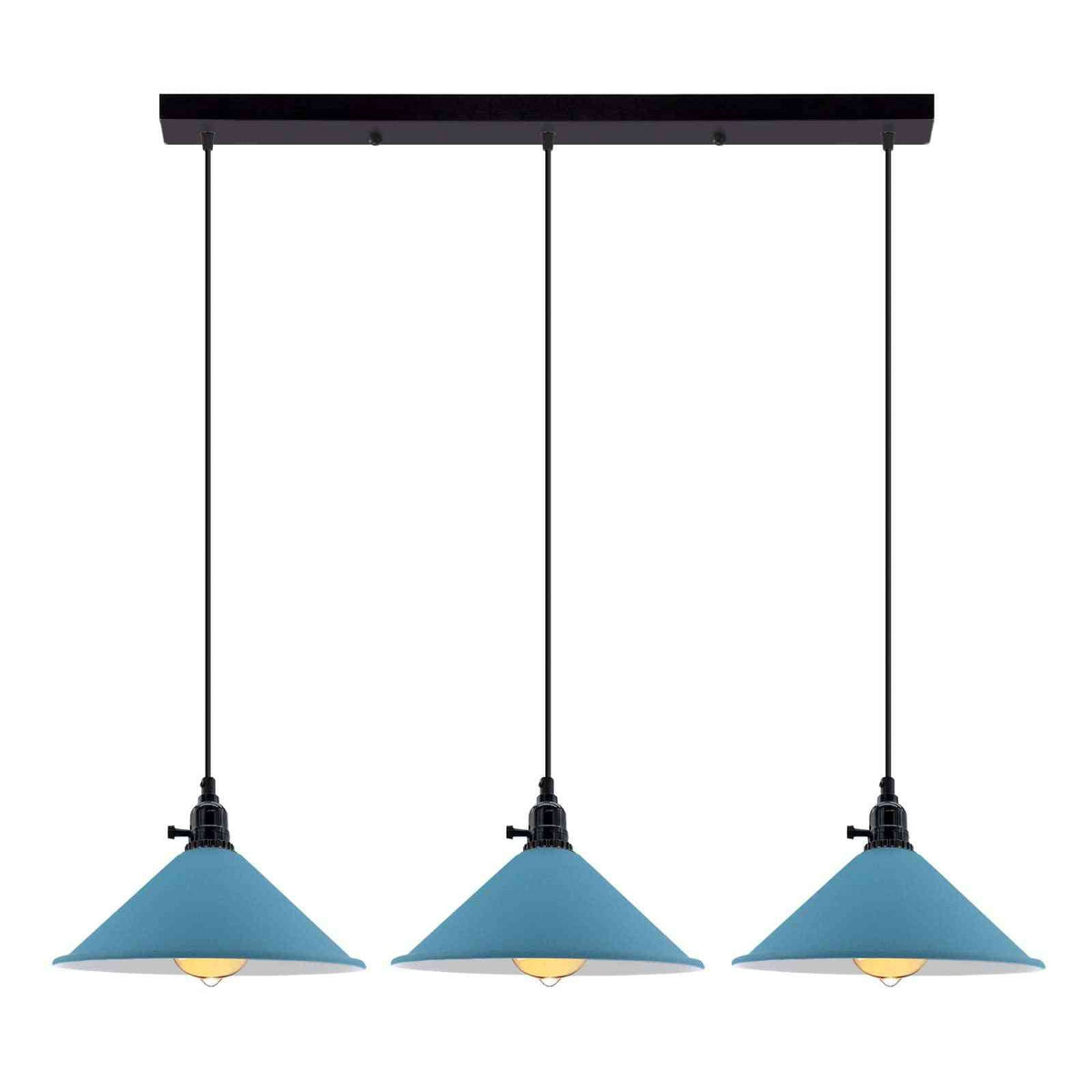 3-Light Kitchen Island Pendant – Round Plate or Bar, Cone, Cage or Bare Bulb - Black, Flat Cone Blue, Ceiling Bar, Without Bulb