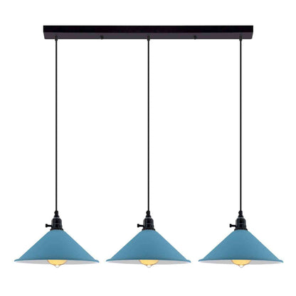 3-Light Kitchen Island Pendant – Round Plate or Bar, Cone, Cage or Bare Bulb - Black, Flat Cone Blue, Ceiling Bar, Without Bulb