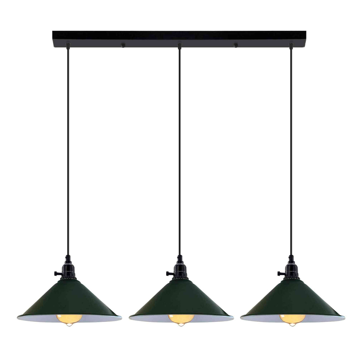3-Light Kitchen Island Pendant – Round Plate or Bar, Cone, Cage or Bare Bulb - Black, Flat Cone Green, Ceiling Bar, Without Bulb