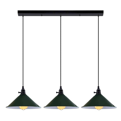 3-Light Kitchen Island Pendant – Round Plate or Bar, Cone, Cage or Bare Bulb - Black, Flat Cone Green, Ceiling Bar, Without Bulb