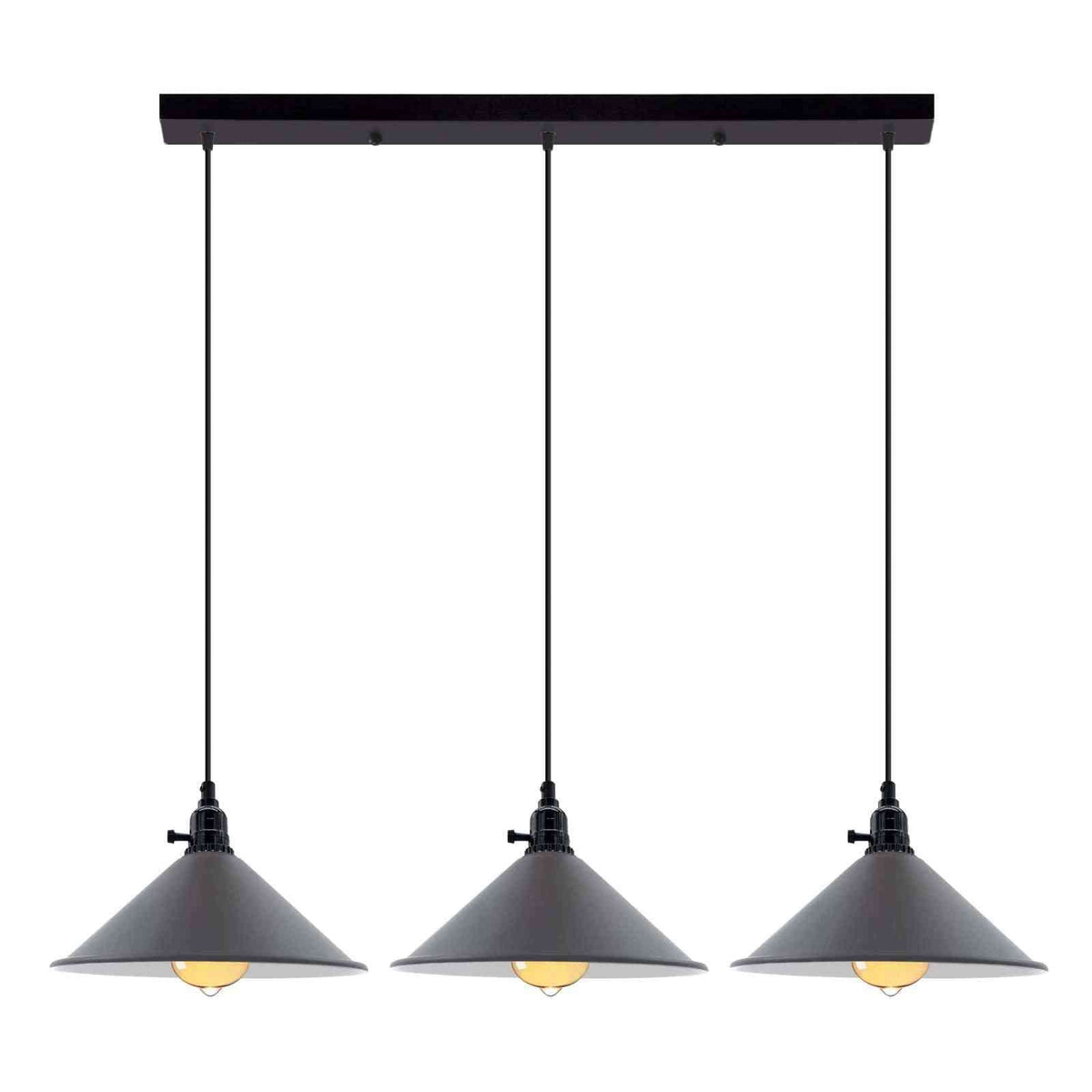 3-Light Kitchen Island Pendant – Round Plate or Bar, Cone, Cage or Bare Bulb - Black, Flat Cone Grey, Ceiling Bar, Without Bulb