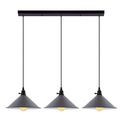 3-Light Kitchen Island Pendant – Round Plate or Bar, Cone, Cage or Bare Bulb - Black, Flat Cone Grey, Ceiling Bar, Without Bulb