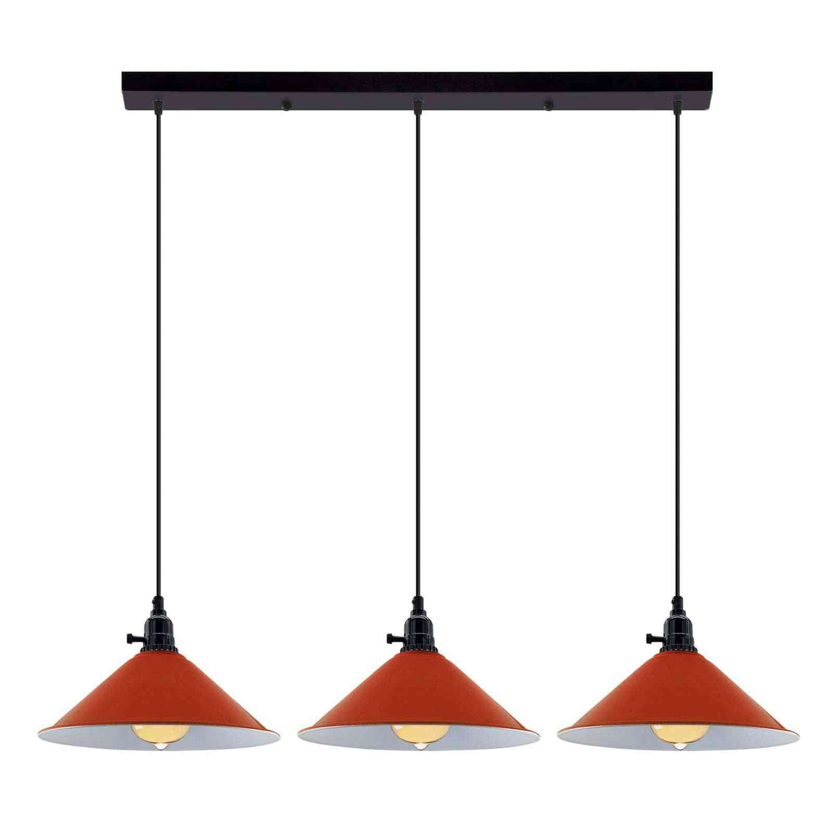 3-Light Kitchen Island Pendant – Round Plate or Bar, Cone, Cage or Bare Bulb - Black, Flat Cone Orange, Ceiling Bar, Without Bulb