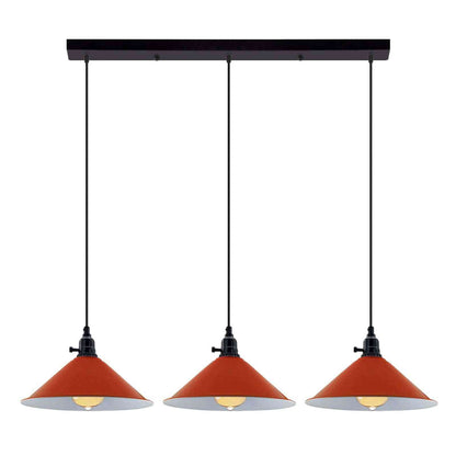 3-Light Kitchen Island Pendant – Round Plate or Bar, Cone, Cage or Bare Bulb - Black, Flat Cone Orange, Ceiling Bar, Without Bulb