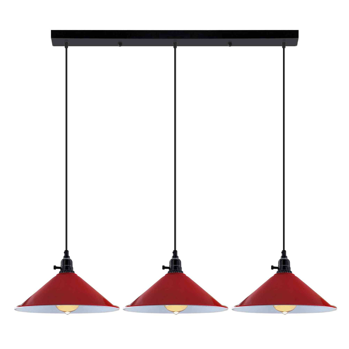 3-Light Kitchen Island Pendant – Round Plate or Bar, Cone, Cage or Bare Bulb - Black, Flat Cone Red, Ceiling Bar, Without Bulb