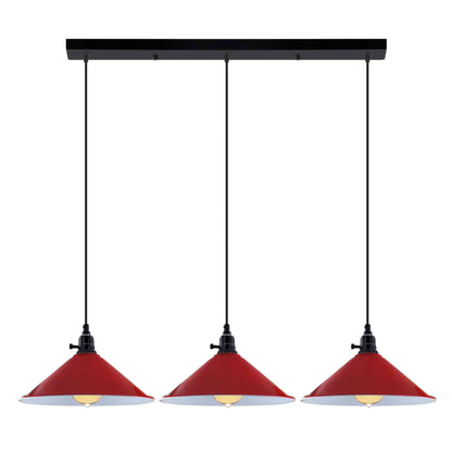 3-Light Kitchen Island Pendant – Round Plate or Bar, Cone, Cage or Bare Bulb - Black, Flat Cone Red, Ceiling Bar, Without Bulb