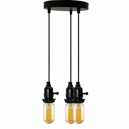 3-Light Kitchen Island Pendant – Round Plate or Bar, Cone, Cage or Bare Bulb - Black, No Shade, Round Plate, Without Bulb
