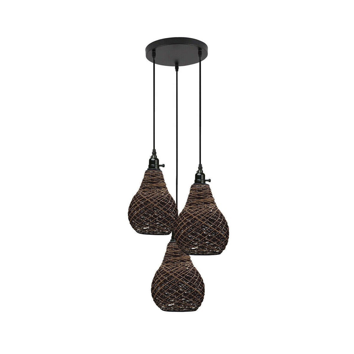 3-Light Kitchen Island Pendant – Round Plate or Bar, Cone, Cage or Bare Bulb - Black, Hemp Rope Cage, Round Plate, Without Bulb
