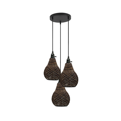 3-Light Kitchen Island Pendant – Round Plate or Bar, Cone, Cage or Bare Bulb - Black, Hemp Rope Cage, Round Plate, Without Bulb