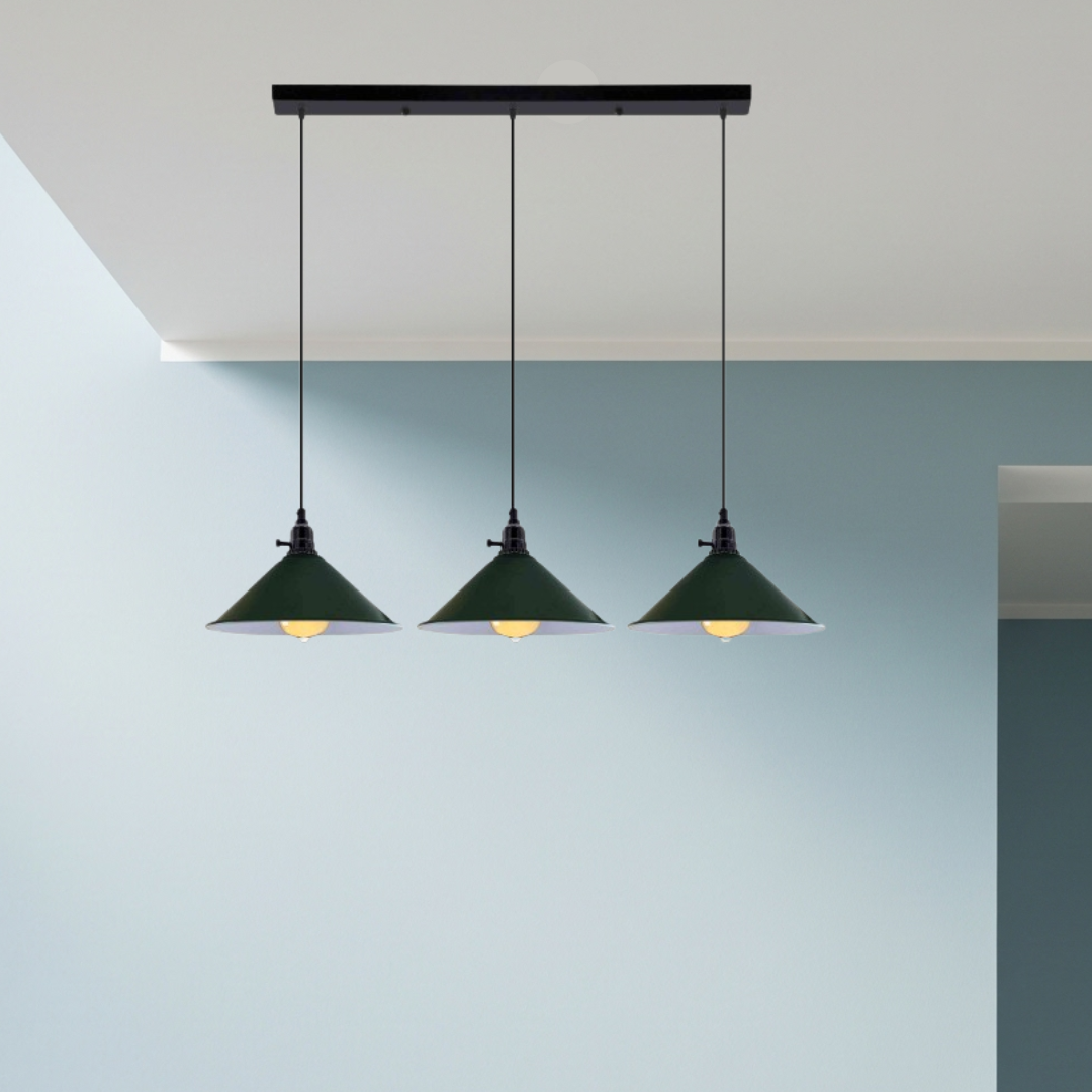 3-Light Kitchen Island Pendant – Round Plate or Bar, Cone, Cage or Bare Bulb