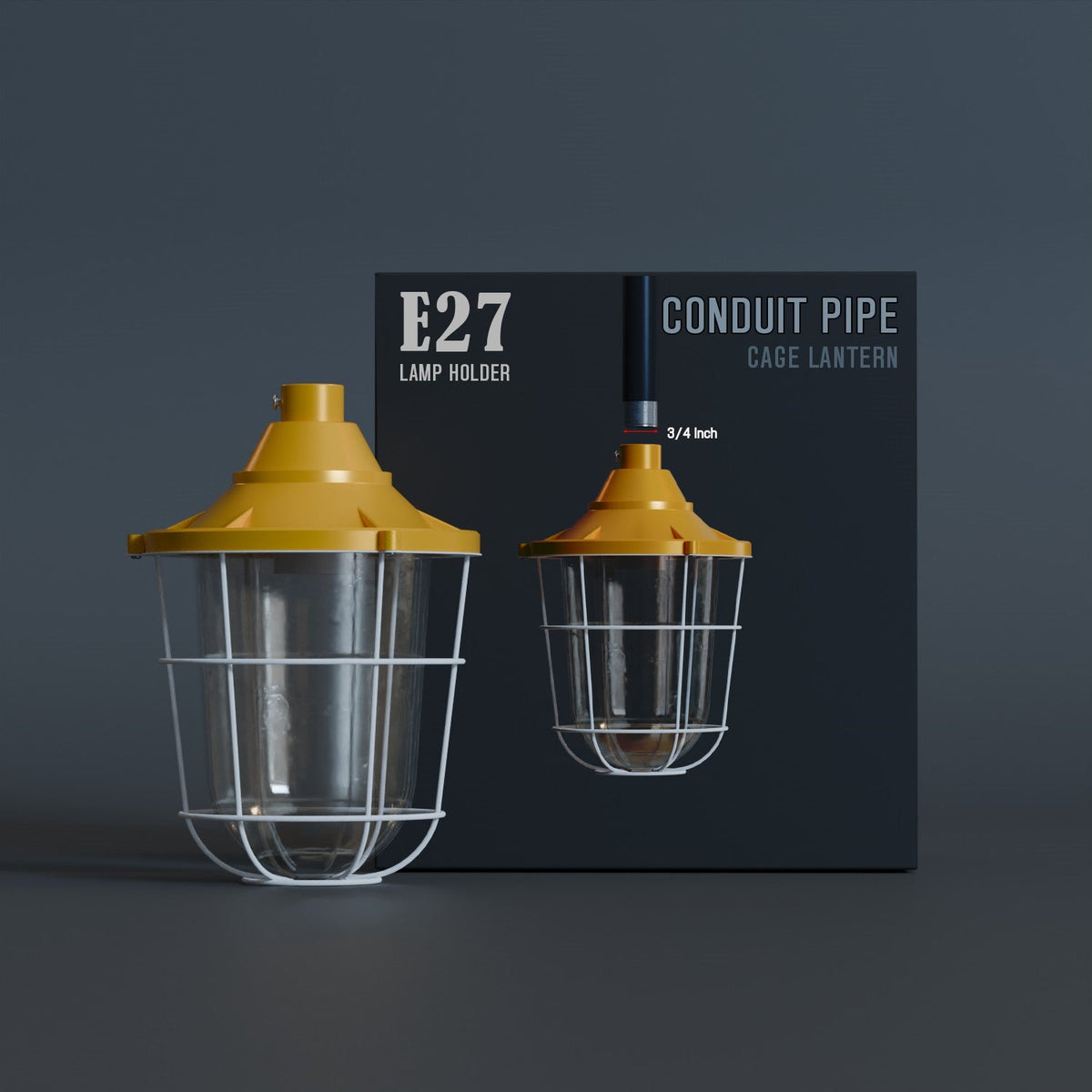 Industrial Cage Lantern Shade – 3/4 in Thread, 3 Sizes, 3 Colours - Yellow, 22 cm, Single