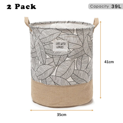Leaf Print Cotton Laundry Basket – Jute Base, Handles, Large or Pack of 2 Small - Small, 35 x 45 cm, 2 Baskets