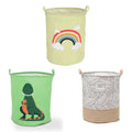 Kids' Laundry Baskets, Set of 3 – Mixed Prints, Foldable Cotton with Handles - Leaves, Dinosaur & Rainbow