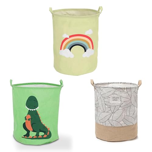 Kids' Laundry Baskets, Set of 3 – Mixed Prints, Foldable Cotton with Handles - Leaves, Dinosaur & Rainbow