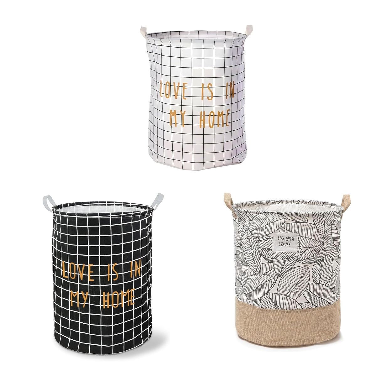 Kids' Laundry Baskets, Set of 3 – Mixed Prints, Foldable Cotton with Handles - Leaves, Black Grid & White Grid