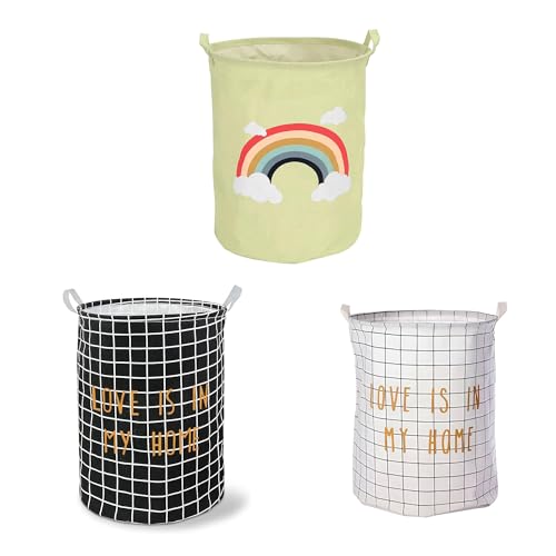 Kids' Laundry Baskets, Set of 3 – Mixed Prints, Foldable Cotton with Handles - Rainbow, Black Grid & White Grid