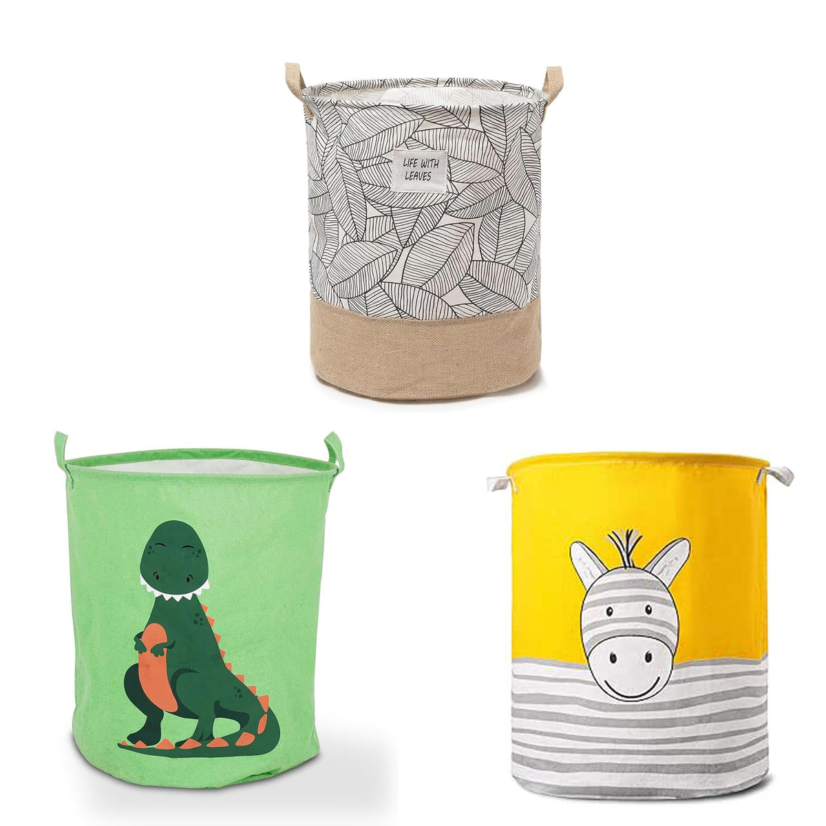 Kids' Laundry Baskets, Set of 3 – Mixed Prints, Foldable Cotton with Handles - Zebra, Leaves & Dinosaur