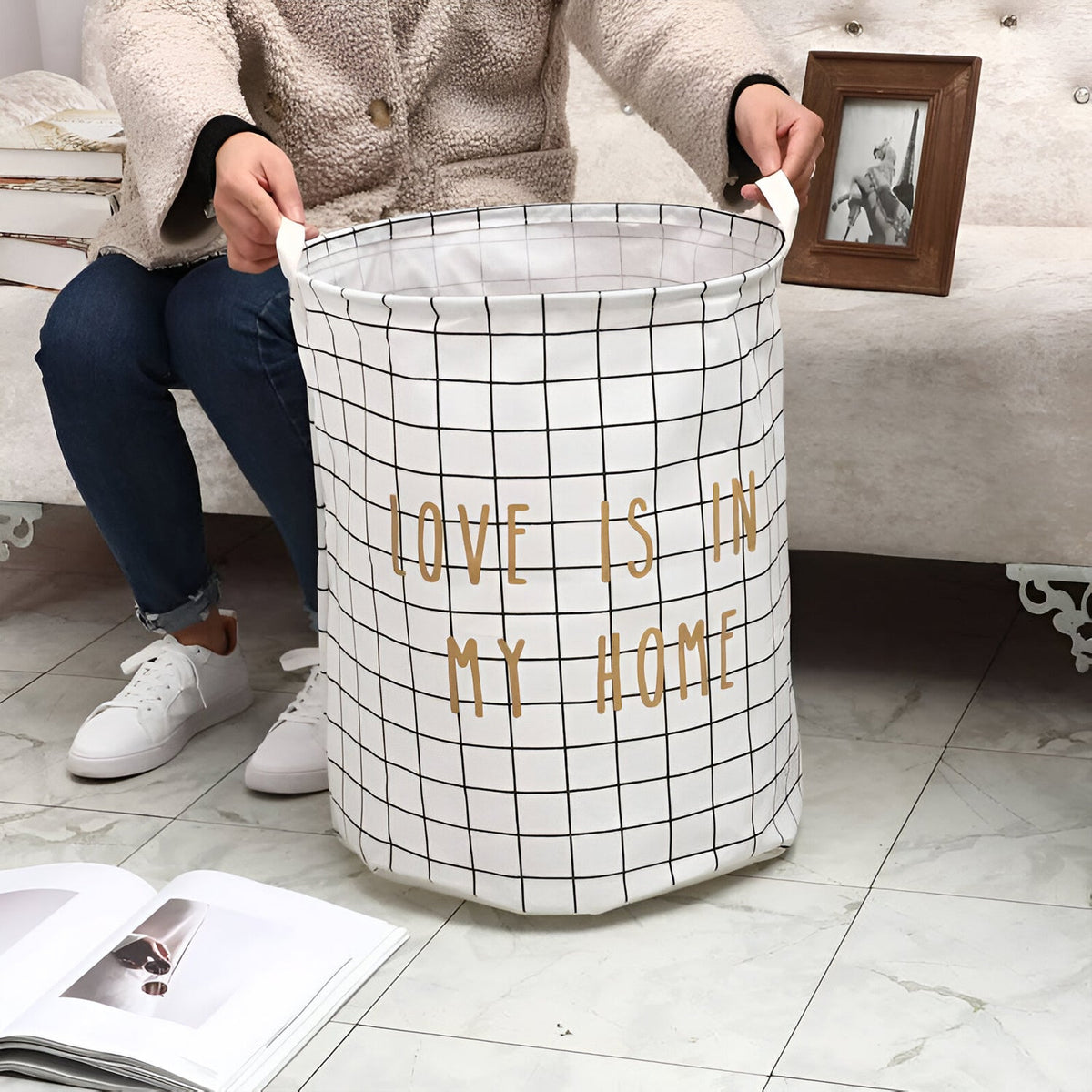 Grid Print Laundry Baskets, Pack of 3 – 'Love Is in My Home', Black or White - photo 7