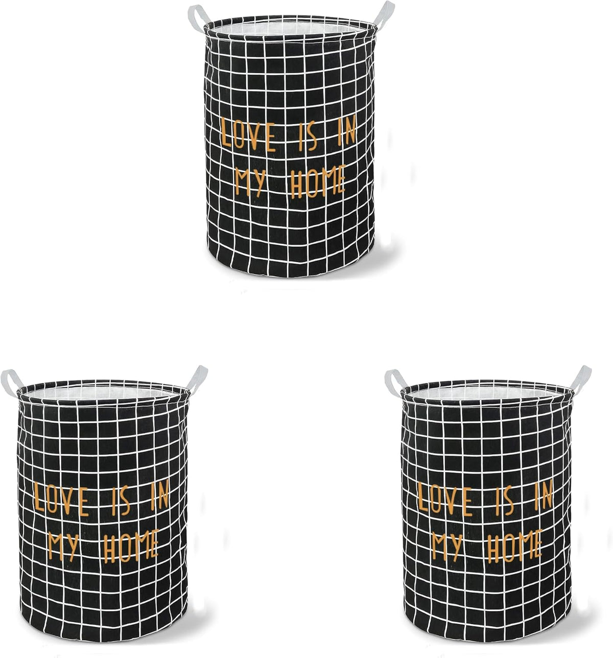 Grid Print Laundry Baskets, Pack of 3 – 'Love Is in My Home', Black or White - Black