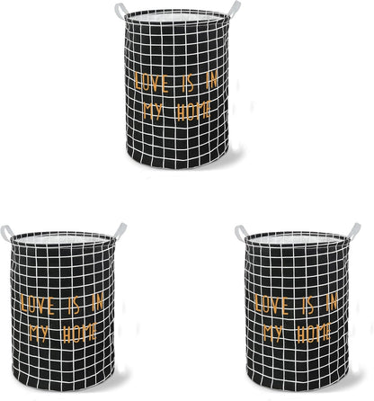 Grid Print Laundry Baskets, Pack of 3 – 'Love Is in My Home', Black or White - Black