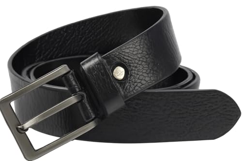 Men's Leather Belt – Pin Buckle, Textured Black, Smooth Black or Brown, S to XXL - L, Textured Black