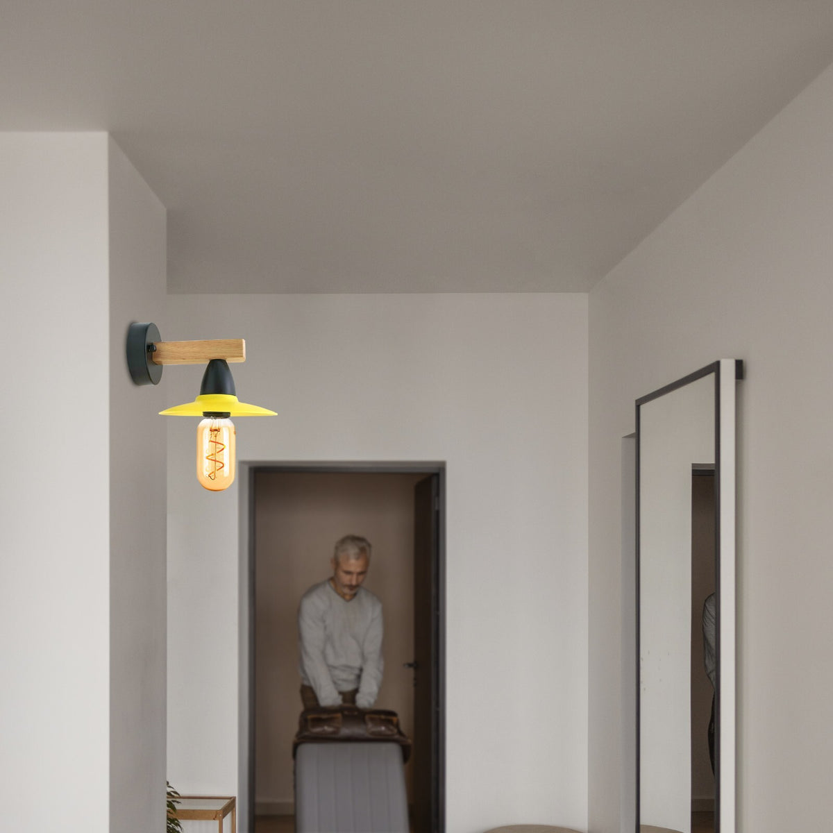 Wood Arm Wall Light with Flat Shade – White or Yellow, E27 - photo 4