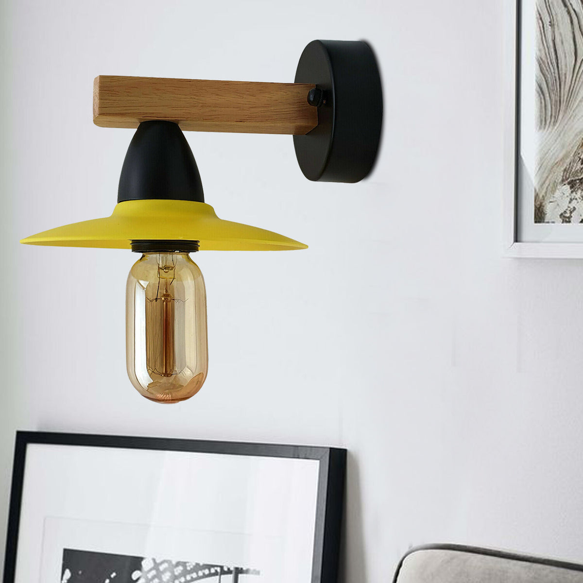 Wood Arm Wall Light with Flat Shade – White or Yellow, E27 - photo 5