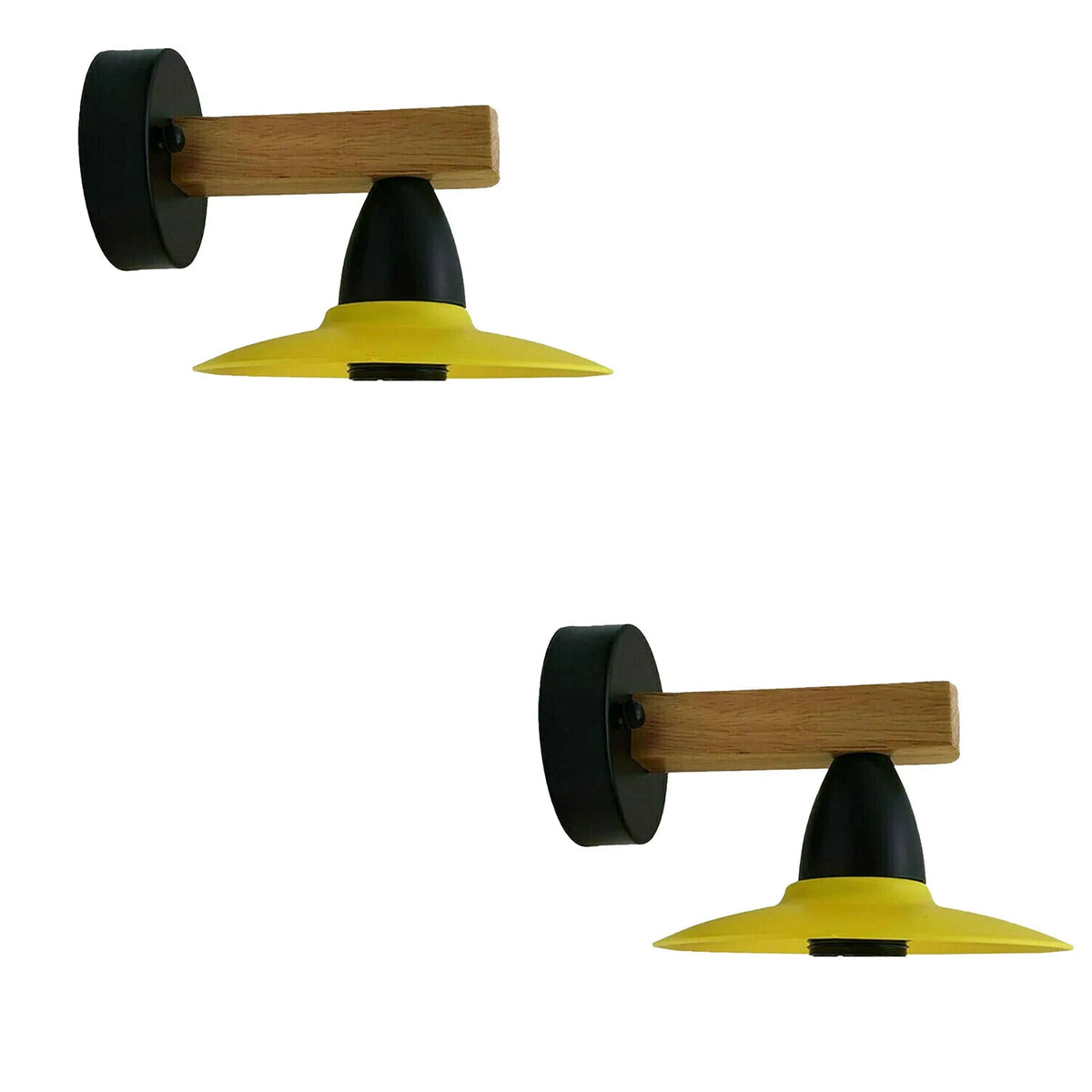 Wood Arm Wall Light with Flat Shade – White or Yellow, E27 - Yellow, Pack of 2, Without Bulb
