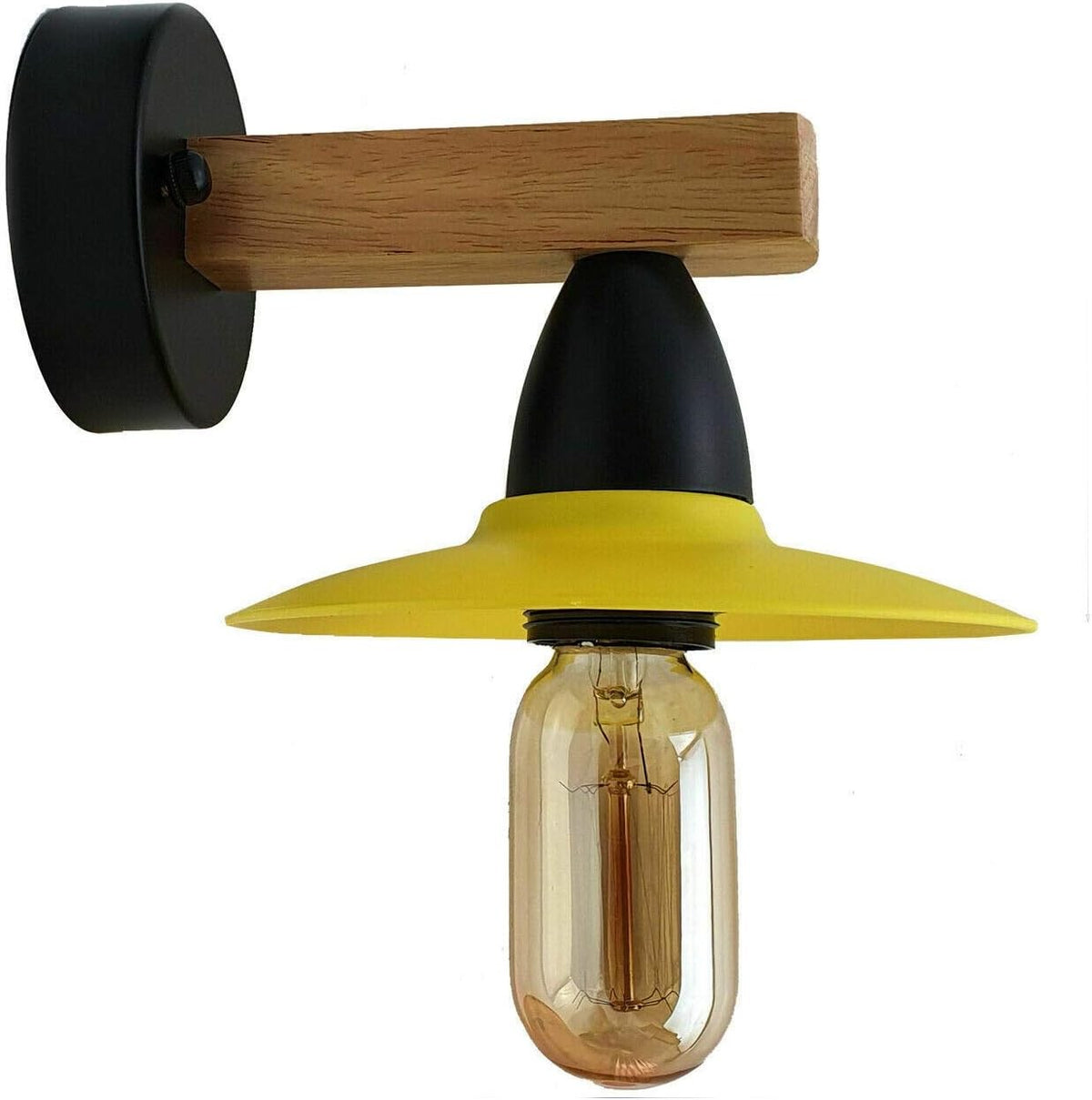 Wood Arm Wall Light with Flat Shade – White or Yellow, E27 - Yellow, Single, ST45 LED Bulb 4W