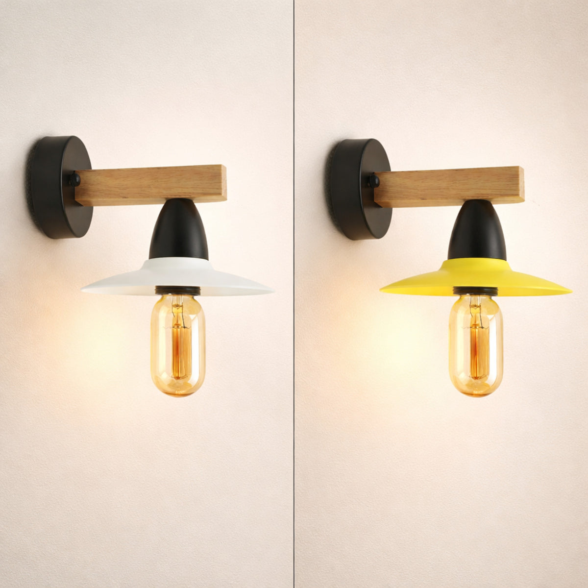 Wood Arm Wall Light with Flat Shade – White or Yellow, E27