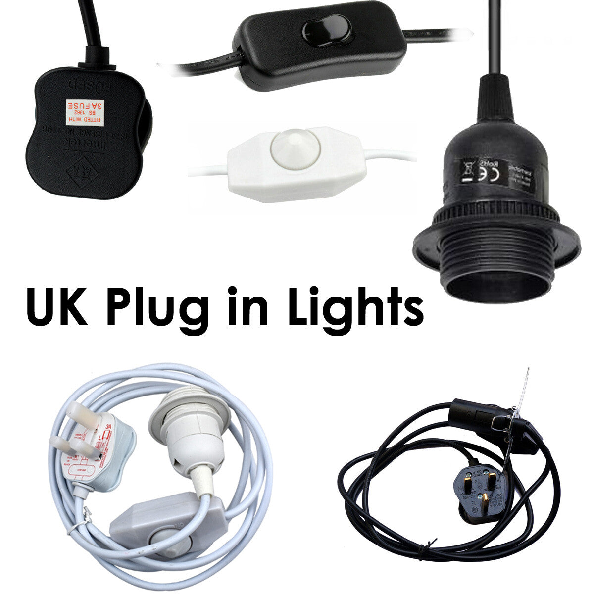 Plug-In Lamp Holder Cable – E27, On/Off Switch, 2 m, UK Plug