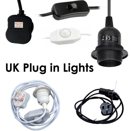 Plug-In Lamp Holder Cable – E27, On/Off Switch, 2 m, UK Plug