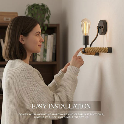 Rope Wall Light with E27 Holder – Black Metal & Natural Hemp Rope - photo 2