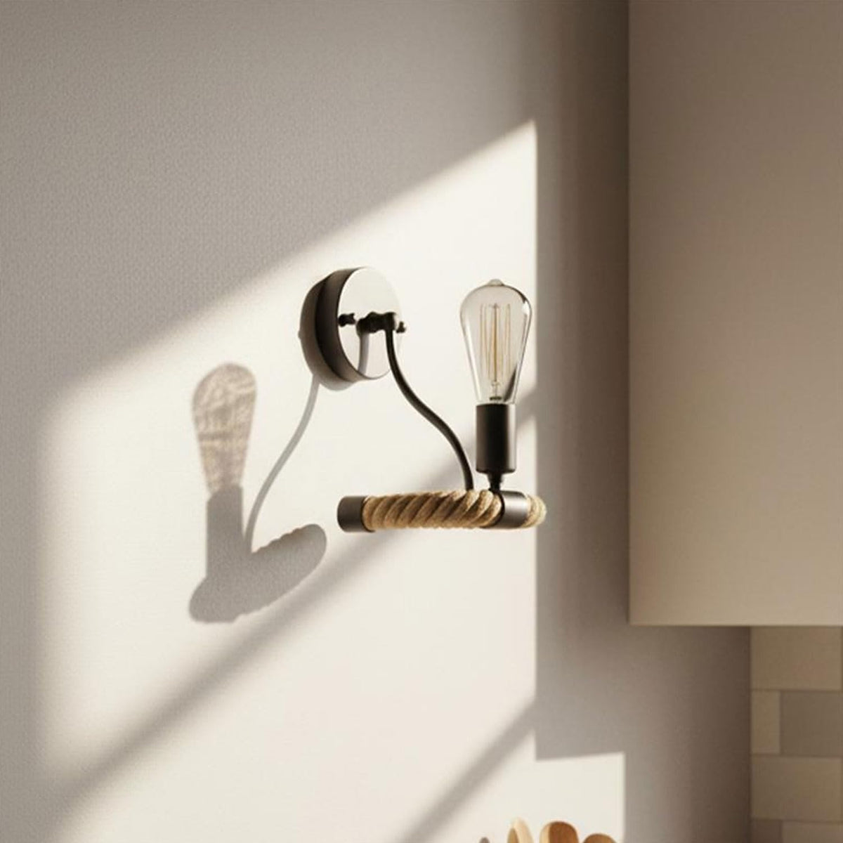 Rope Wall Light with E27 Holder – Black Metal & Natural Hemp Rope - photo 3
