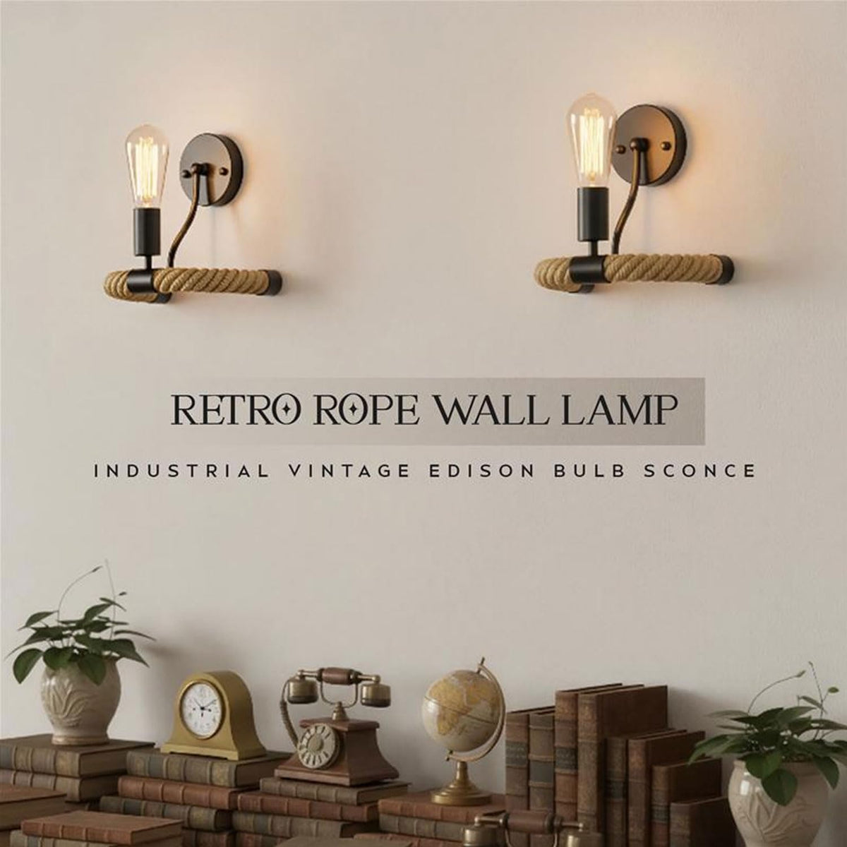 Rope Wall Light with E27 Holder – Black Metal & Natural Hemp Rope - photo 4