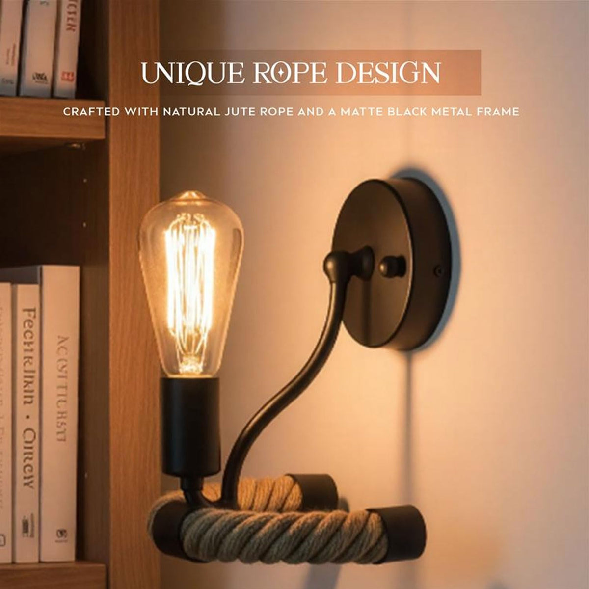 Rope Wall Light with E27 Holder – Black Metal & Natural Hemp Rope - photo 5