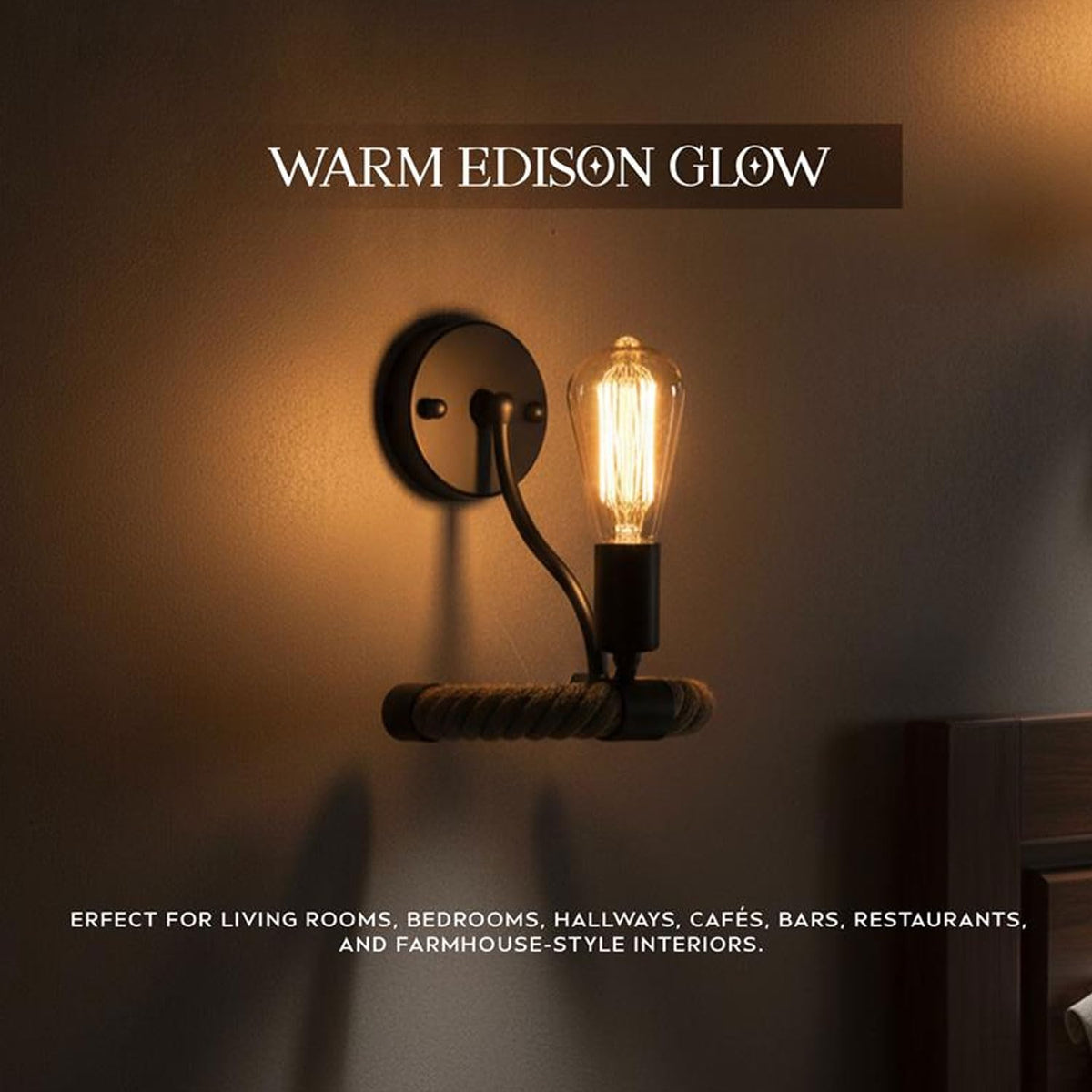 Rope Wall Light with E27 Holder – Black Metal & Natural Hemp Rope - photo 6