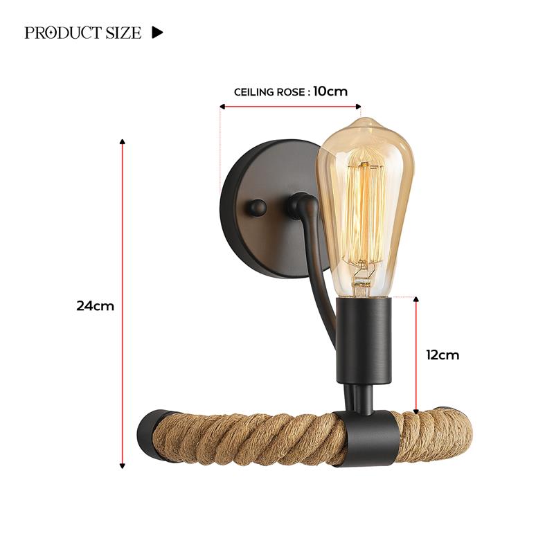 Rope Wall Light with E27 Holder – Black Metal & Natural Hemp Rope - photo 7