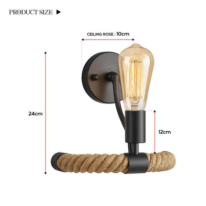 Rope Wall Light with E27 Holder – Black Metal & Natural Hemp Rope - photo 7