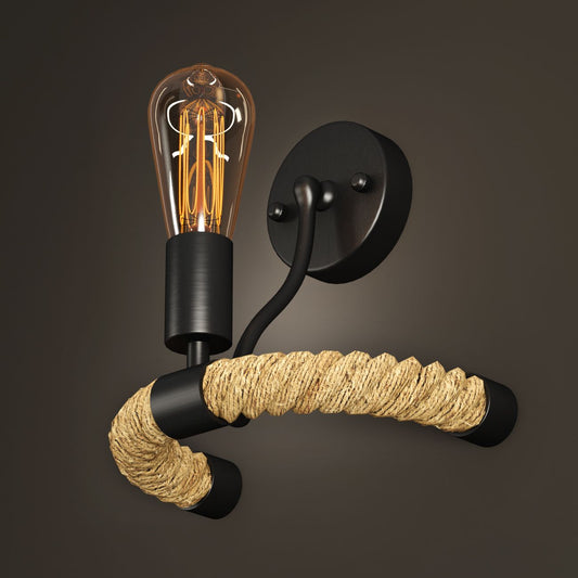 Rope Wall Light with E27 Holder – Black Metal & Natural Hemp Rope