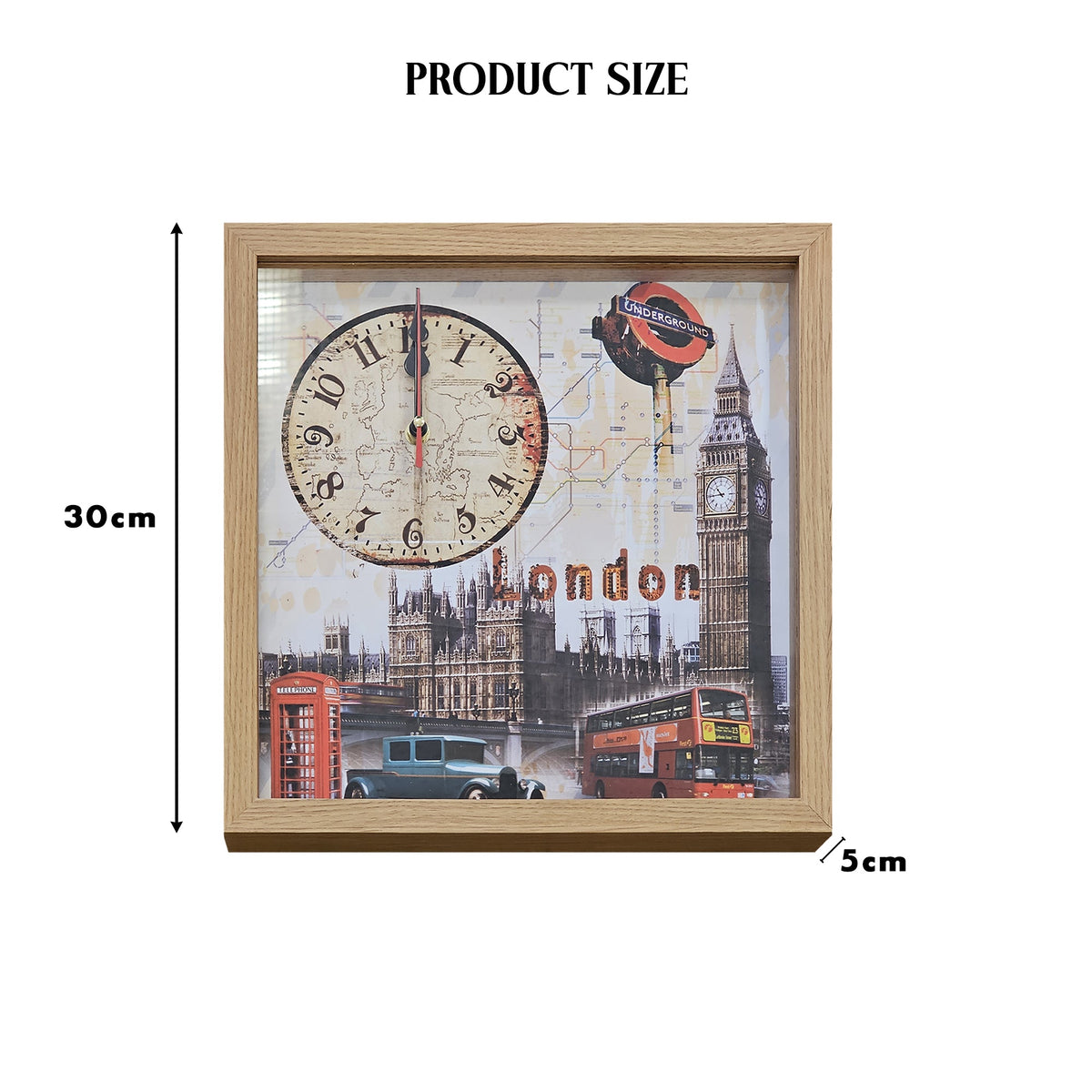 London Picture Wall Clock – Big Ben, Red Bus & Phone Box, 30 cm Wood Frame - photo 3