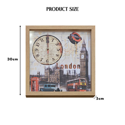 London Picture Wall Clock – Big Ben, Red Bus & Phone Box, 30 cm Wood Frame - photo 3