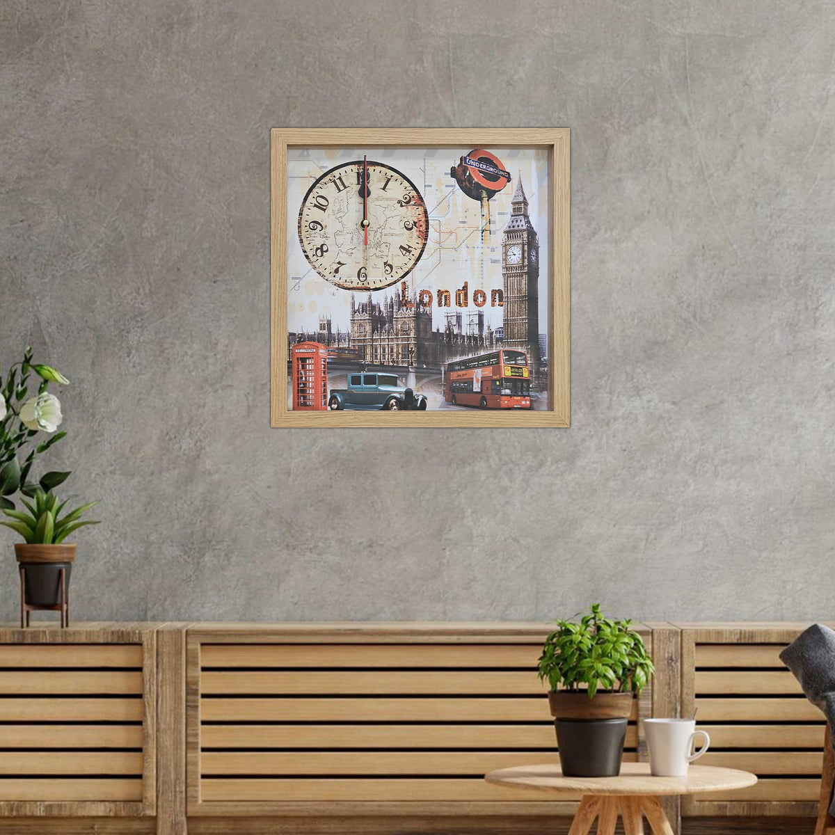 London Picture Wall Clock – Big Ben, Red Bus & Phone Box, 30 cm Wood Frame - photo 7