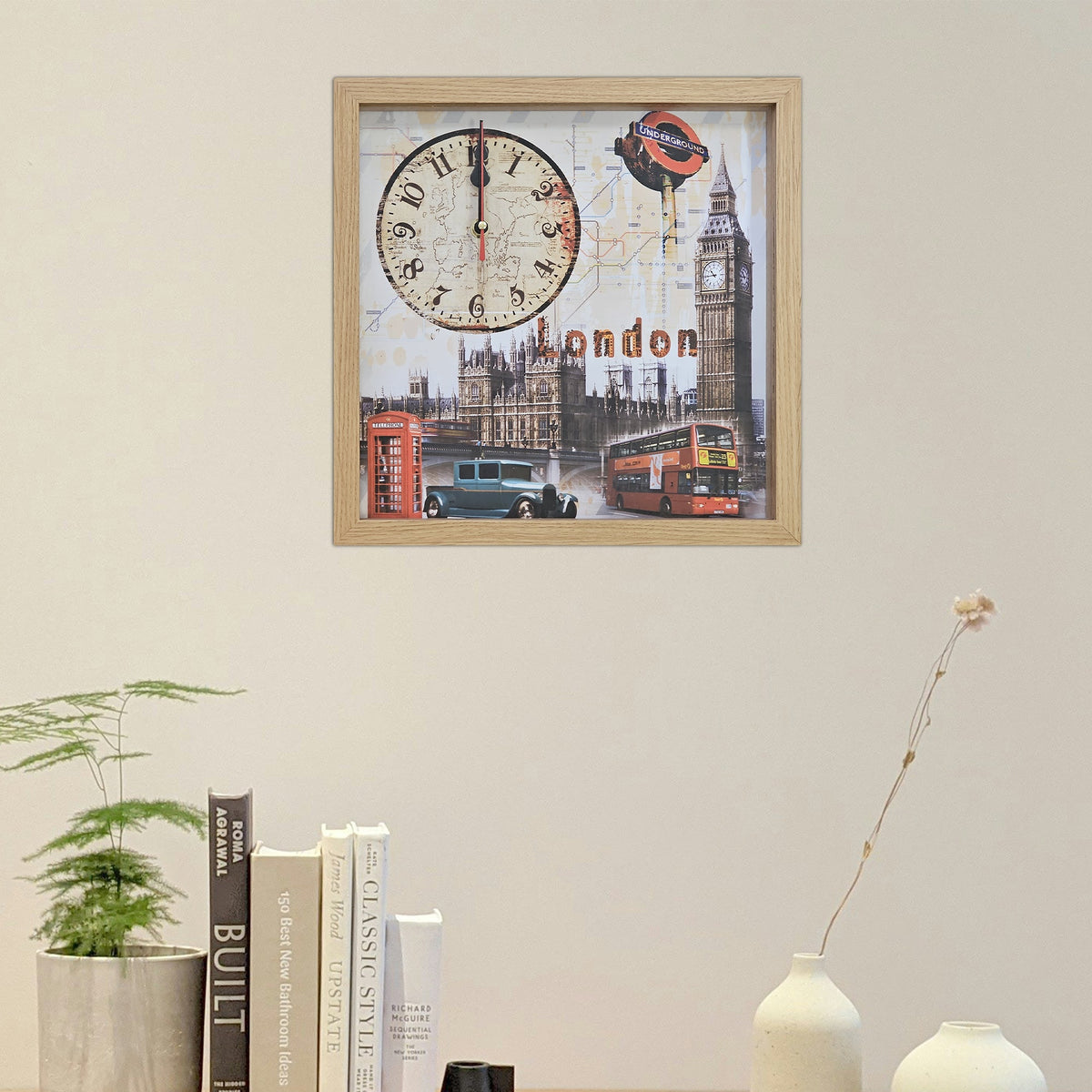 London Picture Wall Clock – Big Ben, Red Bus & Phone Box, 30 cm Wood Frame - photo 8