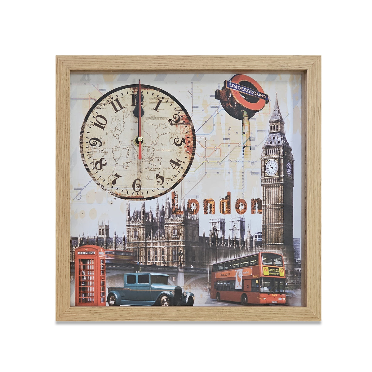 London Picture Wall Clock – Big Ben, Red Bus & Phone Box, 30 cm Wood Frame