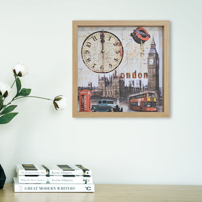 London Picture Wall Clock – Big Ben, Red Bus & Phone Box, 30 cm Wood Frame - photo 2