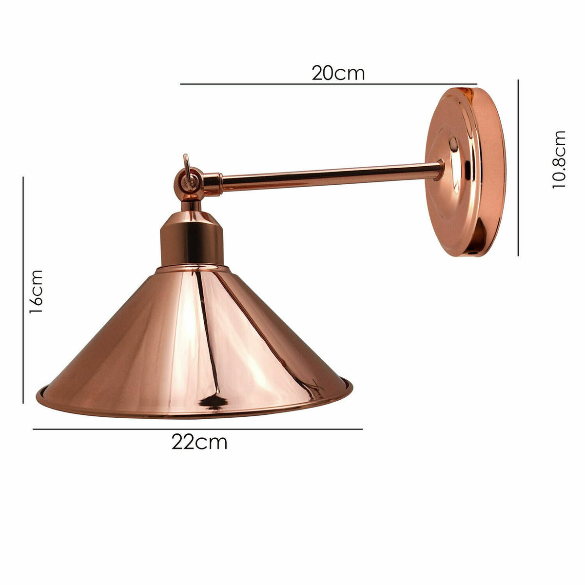 Long Swivel Arm Wall Light with Shade – Copper, Green Brass, Rose Gold, Satin Nickel - Rose Gold, Flat Cone 22 cm Rose Gold 108 mm Rose, Without Bulb