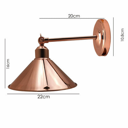 Long Swivel Arm Wall Light with Shade – Copper, Green Brass, Rose Gold, Satin Nickel - Rose Gold, Flat Cone 22 cm Rose Gold 108 mm Rose, Without Bulb