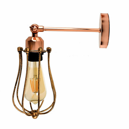 Long Swivel Arm Wall Light with Shade – Copper, Green Brass, Rose Gold, Satin Nickel - Rose Gold, Round Cage Brushed Copper, Without Bulb